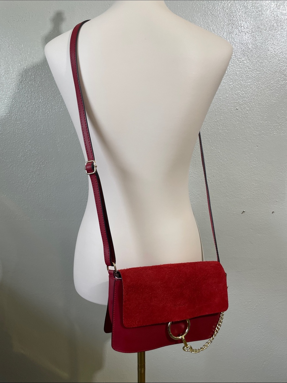 Borse In Pelle Red Leather Suede Chain Crossbody Shoulder Bag Made In Italy